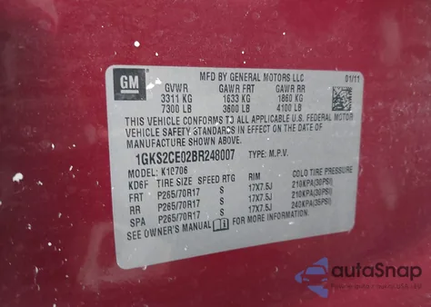 2011 GMC Yukon Slt из США, поврежденный, VIN 1GKS2CE02BR248007